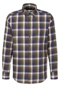 Kariertes Flanellhemd in Grün, Blau und Weiß. Mit Kragen, langen Ärmeln und einer Brusttasche mit Logodetail.