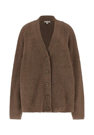 Brauner, grob gestrickter Cardigan mit V-Ausschnitt, langen Ärmeln und fünf Knöpfen vorne, auf weißem Hintergrund dargestellt.