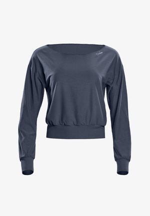 Navy blue long-sleeve top with a wide neckline, gathered hem, and cuffs. Smooth fabric with a fitted silhouette and subtle logo detail.