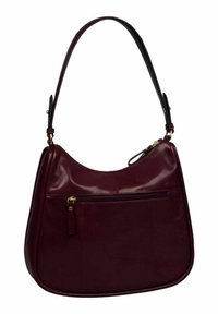 Borsa a spalla in pelle bordeaux con forma arrotondata, tracolla nera regolabile e tasca anteriore con zip e dettagli in acciaio dorato.