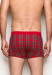 Męski tors widziany z tyłu w czerwono-szarych bokserkach w kratę, stojący z rękami luźno wzdłuż ciała na jednolitym tle.