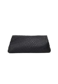 Black woven clutch bag with a tapered shape. Features a textured surface and seamless design, made from leather material. No hardware visible.