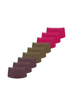 Nove paia di biancheria intima senza cuciture da donna in tre colori: viola scuro, verde oliva e rosa acceso, disposte diagonalmente su sfondo bianco.