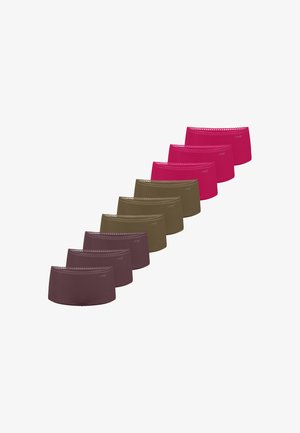 Ni par dames seamless undertøj i tre farver: mørk lilla, olivengrøn og klar pink, arrangeret diagonalt på hvid baggrund.