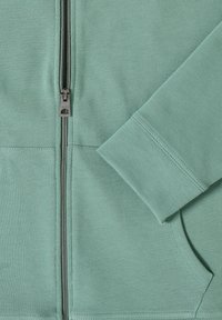 Felpa verde chiaro con zip, caratterizzata da una texture liscia, dotata di una cerniera metallica e di una tasca frontale. Etichettata con un piccolo logo vicino alla cerniera.