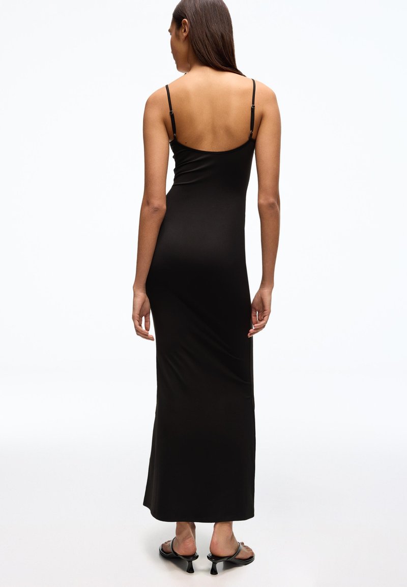 bershka long black dress Bershka Thin Strap Bow Detail Bodycon Maxi Dress in Black