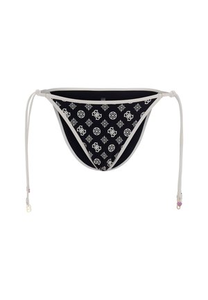 Slip di bikini nero con lacci bianchi, caratterizzato da un motivo grafico ripetuto di icone e motivi sul davanti e un rivestimento nero solido.