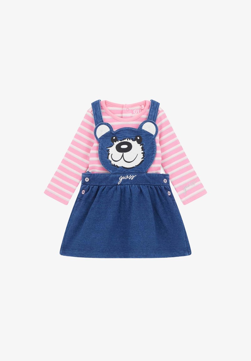 Denim dress with a blue bear face appliqué, pink striped long sleeves, and button accents on straps. Features a flared skirt design.