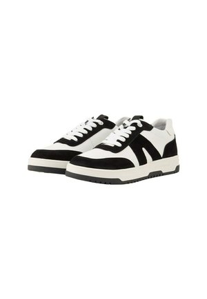 Schwarz-weiße Sneakers mit einer Kombination aus Wildleder und Leder, einer strukturierten Gummisohle und kontrastierenden Streifen an den Seiten.