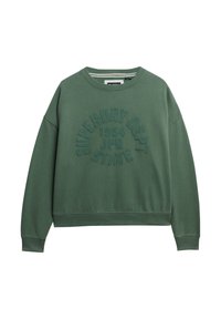 Sudadera verde de algodón con escote redondo, hombros caídos y bordado frontal con el texto "SUPERDRY DEPT 1954 JPN STATE".
