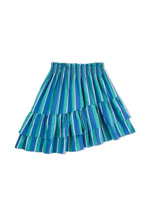 Gonna svasata a righe realizzata in tessuto leggero. Presenta balze con vita arricciata. I colori includono tonalità di blu e verde con sottili strisce bianche.