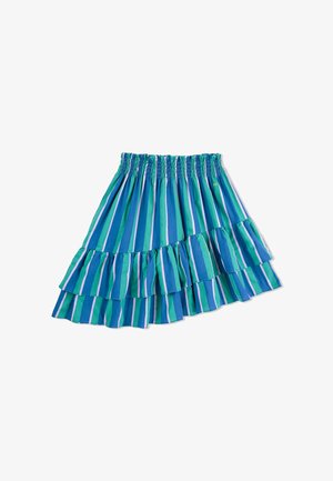 Jupe évasée rayée en tissu léger. Elle présente des volants avec une taille smockée. Les couleurs incluent des nuances de bleu et de vert avec de fines rayures blanches.