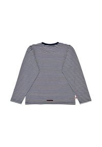 Long-sleeve top in navy and white stripes, featuring a round neckline and a small red label on the lower hem. Soft cotton material.