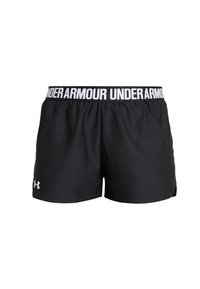 Svarta atletiska shorts med ett brett elastiskt midjeband som har vit text "UNDER ARMOUR", tillverkade av ett slätt, lätt material.