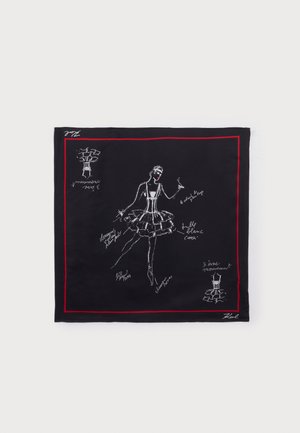 Foulard carré noir avec bordure rouge présentant des croquis blancs et des notes manuscrites d'une ballerine en tutu et en poses de ballet.