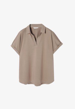 Polo majica bez rukava bež boje s V-izrezom i prevrnutim manžetama, izrađena od glatkog materijala s blago zakrivljenim rubom i suptilnim šavovima.