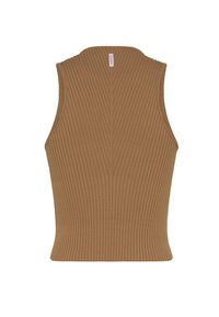 Brązowy, bezrękawnik z prążkowanego dzianego materiału, z wysokim kołnierzem i małą różową metką marki z tyłu przy dekolcie.