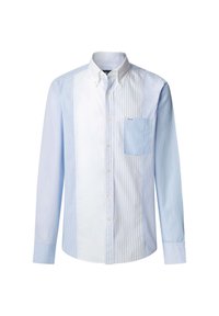 Camicia button-up azzurro chiaro con una combinazione di pattern a tinta unita e righe. Presenta una tasca sul petto e un colletto classico. Realizzata in cotone misto.
