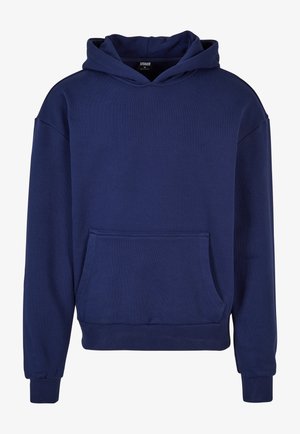 Sudadera azul marino hecha de tejido suave, con un gran bolsillo frontale, puños y dobladillo acanalados, y capucha con cordón.