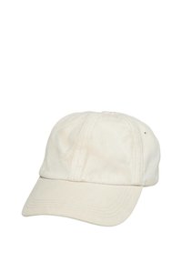 Lichtbeige katoenen pet met gebogen rand, gestikte details en een reliëflogo aan de voorkant. Heeft ventilatiegaatjes aan de zijkanten.
