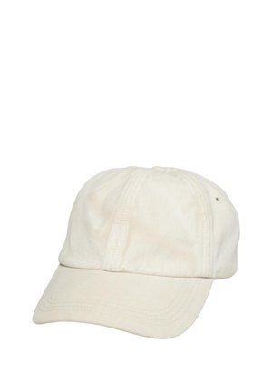 Light beige cotton cap with curved brim, stitched detailing, and an embossed logo on the front. Features ventilation eyelets on the sides.