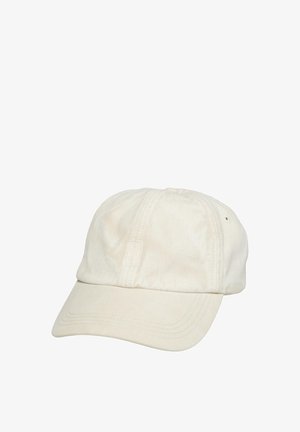 Jasnobeżowa bawełniana czapka z zakrzywionym daszkiem, przeszyciami oraz wytłoczonym logo z przodu. Posiada otwory wentylacyjne po bokach.