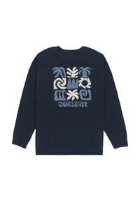 Suéter malha azul-marinho com um design texturizado apresentando vários padrões geométricos em azul claro e creme. Punhos e bainha canelados.