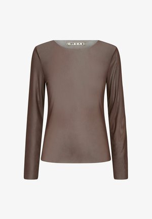 Langärmliges Oberteil in einem gedämpften Braunton, mit glatter Textur und rundem Ausschnitt mit leicht glänzendem Finish.