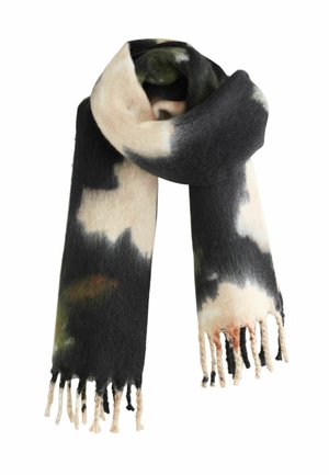 Wool scarf with a soft texture, featuring a black, cream, and green abstract pattern. Fringed ends add detail to the overall design.