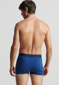 Blauwe katoenen boxershorts met een zwarte elastische tailleband waarop de merknaam staat. De stof heeft een gladde textuur en een aansluitend ontwerp.