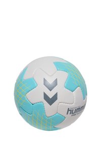 Pallone da allenamento realizzato in materiale sintetico bianco con accenti turchesi, caratterizzato da una forma a stella, un motivo a rombi gialli e un logo a chevron nero.