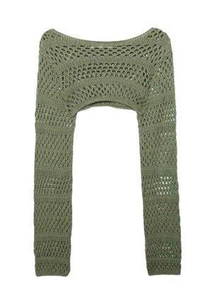 Groene gebreide bolero met opengewerkt patroon en lange mouwen plat uitgespreid op een witte achtergrond.