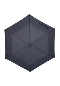 Compact umbrella in navy blue fabric. Hexagonal shape with a central button mechanism and a side strap for easy carrying. Smooth texture.