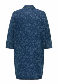 Jeansjurk met een donkerblauw bloemmotief, lange mouwen, een kraag en een rechte snit, met een lichtjes gestructureerd oppervlak.