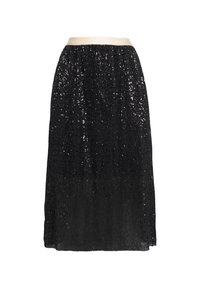 Falda negra de lentejuelas con un diseño plisado, que cuenta con una cinturilla de color crema. La textura es suave con un acabado brillante.
