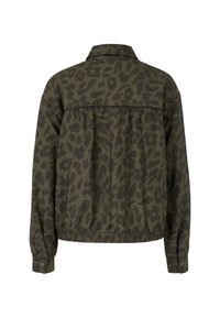 Lightweight leopard-print jacket in dark olive green, featuring a collared neck, elasticated hem, and buttoned cuffs. Textured fabric.