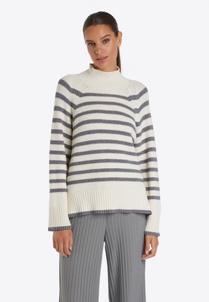Gestreifter Pullover in Creme und Grau, mit hohem Kragen, gerippten Bündchen und Saum, im lässigen Schnitt und aus weichem Strickmaterial.