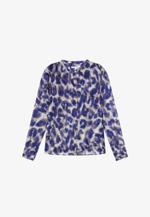 Sininen ja taupe-abstrakti leopardikuosiset pitkähihainen paita, jossa on pyöreä kaula-aukko ja napitus, valmistettu kevyestä, läpikuultavasta kankaasta.