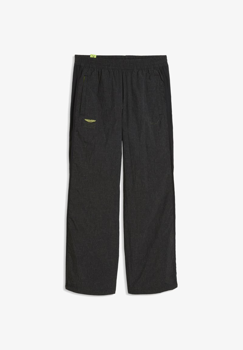 Pantalon ample à carreaux noirs avec taille élastique, poches latérales et petit logo jaune sur la cuisse gauche.