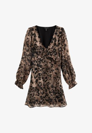Abito a maniche lunghe marrone e nero con stampa leopardata, scollo a V profondo, dettaglio di volant sul davanti e polsini arricciati.