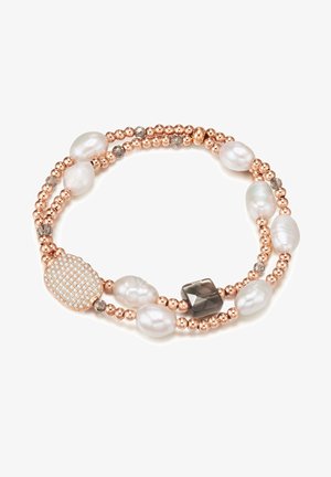 Bracciale in oro rosa con perle coltivate d'acqua dolce miste, perline grigie sfaccettate e una bead accentuata, texturizzata e luccicante. Presenti forme rotonde e ovali.