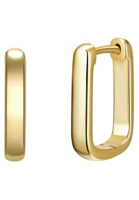 Arany fülbevalók, téglalap alakúak, sima felületűek és lekerekített szélekkel rendelkeznek. Biztonságos zárással készülnek a fokozott stabilitás érdekében.