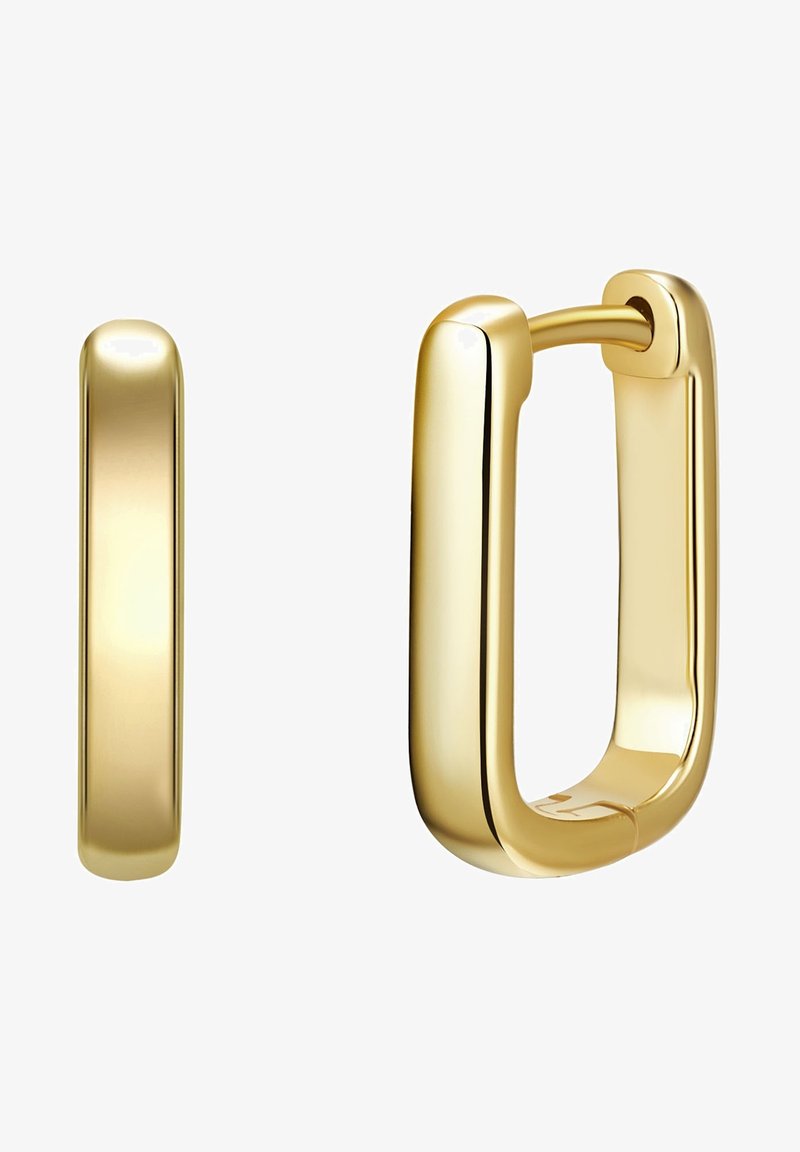 Arany fülbevalók, téglalap alakúak, sima felületűek és lekerekített szélekkel rendelkeznek. Biztonságos zárással készülnek a fokozott stabilitás érdekében.