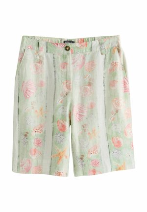 Hellgrüne Shorts mit vertikalen Streifen, vorderem Knopf, Gürtelschlaufen und einem pinken Muschel- und Seestern-Muster.