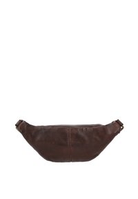 Dunkelbraune Leder-Gürteltasche mit glatter Oberfläche und einfachem Design, in der Mitte breit und zulaufend zu den Enden mit Metallschnallen.