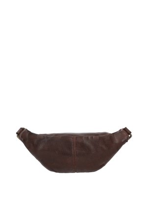 Marsupio in pelle marrone scuro con una texture liscia e un design semplice, ampio al centro e che si restringe verso le estremità con fibbia in metallo.