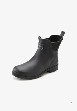 Black rubber ankle boot with elastic side panels, textured sole, and a pull tab at the back. Features a rectangular logo on the upper.