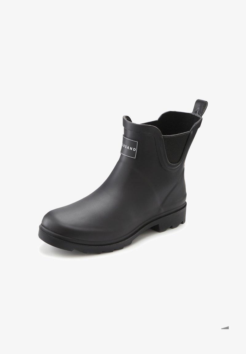 Schwarze Gummistiefelette mit elastischen Seitenpaneelen, strukturiertem Sohlenprofil und einem Ziehriemen auf der Rückseite. Verfügt über ein rechteckiges Logo an der Oberseite.