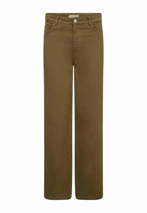Pantalons larges vert olive en tissu mélangé coton, avec une fermeture à bouton, cinq poches et une texture lisse et mate.