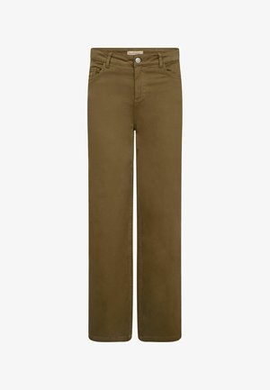 Olivgrüne weite Hosen aus einem Baumwoll-Mischgewebe mit einem Knopfverschluss, fünf Taschen und einer glatten, matten Textur.